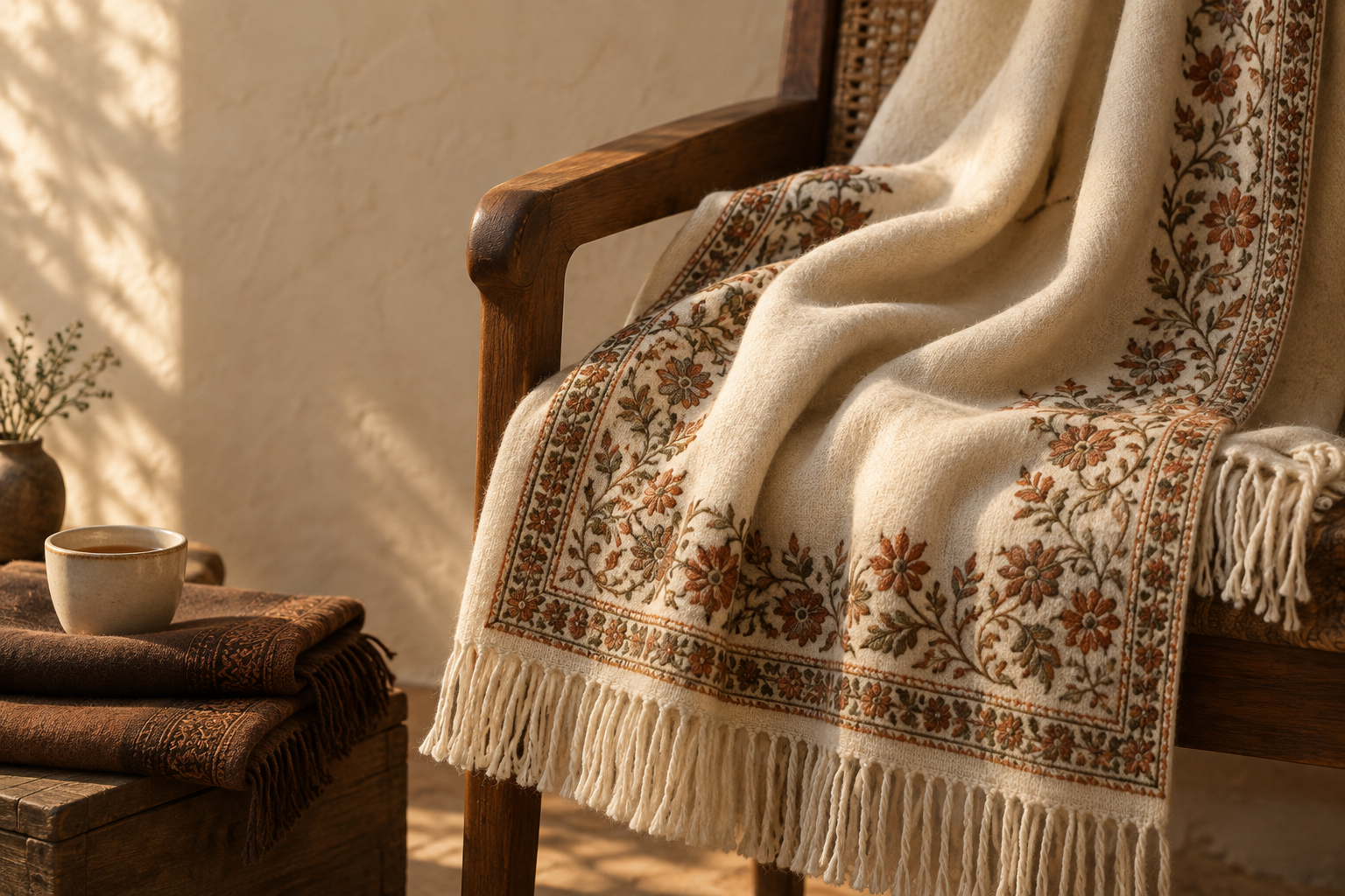 Ivory embroidered shawl, warm textiles and chai — inspiration for the world of Kinaar
